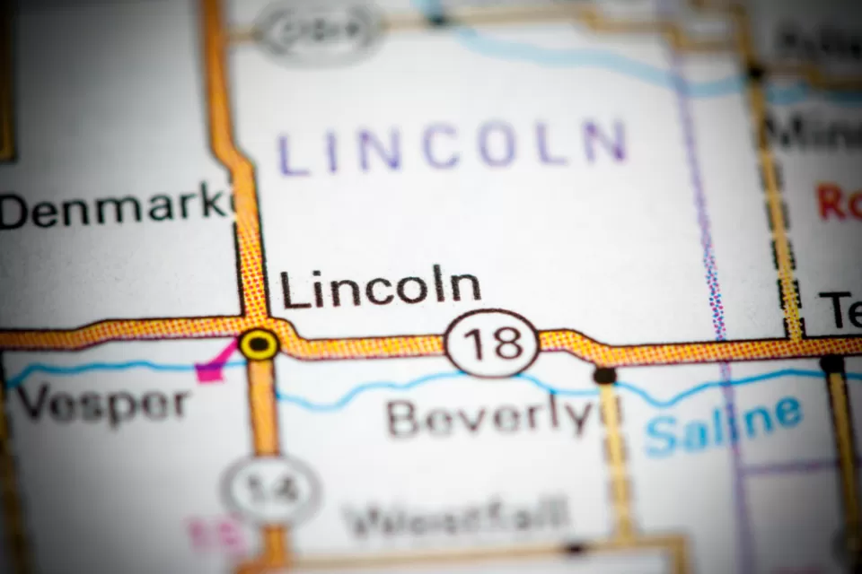 A close up of a map showing the location of Lincoln, Kansas, at the intersection of highways 14 and 18.